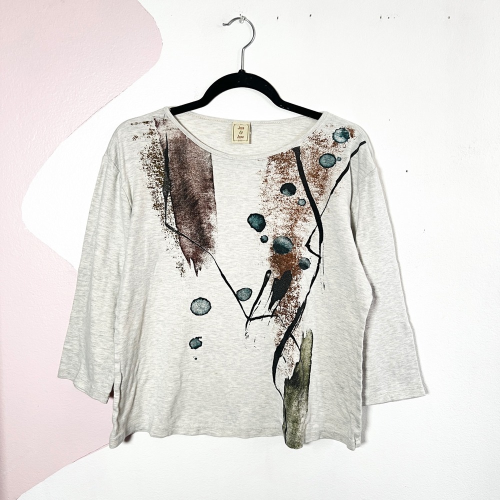 Jess & Jane Women's Top Size Large Abstract Artsy Designer 3/4 Sleeves